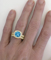 Antique Swiss Blue Topaz Diamond Halo Engagement Rings in 14k Yellow Gold