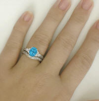 Blue Topaz Engagement Ring and Wedding Band in 14k white gold