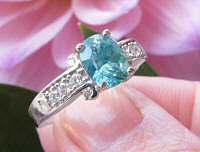 White Gold Blue Zircon Ring with Real Diamonds in solid 14k white gold