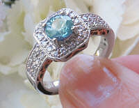 Round Blue Zircon Ring with Real Diamond Halo in solid 14k whte gold for sale