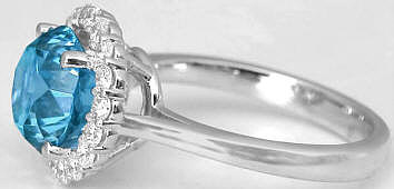 Vibrant Blue Zircon and Diamond Halo Rings in 14k white gold