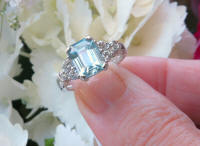 Emerald Cut Blue Zircon Ring with real Diamonds  in solid 14k white gold