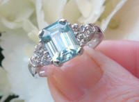 Emerald Cut Blue Zircon Engagement Ring in real 14k white gold