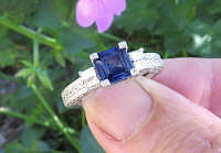 Square Natural Blue Sapphire Wedding Ring with real Baguette and Round Diamonds in 14k white gold