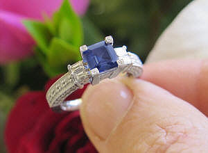 Square Cut Real Cornflower Blue Sapphire Ring with Baguette and Round Diamonds in 14k white gold