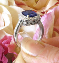 Large Cushion Natural Blue Sapphire Ring with Real Diamond Halo in 18k white gold