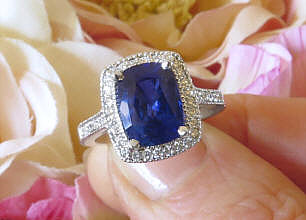 Large Cushion Natural Blue Sapphire and Real Diamond Engagement Ring in 18k white gold for sale