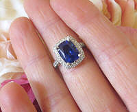 Cushion cut halo natural ceylon blue sapphire band ring in 14k white gold