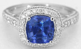 Natural Ceylon cornflower blue sapphire ring with a diamond halo in real 14k white gold