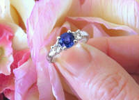 Natural Round Ceylon Blue Sapphire and Round White Sapphire alternative enagement ring in real 14k white gold