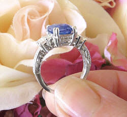 Natural Radiant Cut Ceylon Blue Sapphire Ring with Baguette Diamonds in 18k white gold for sale