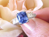 Radiant Cut Natural Sapphire and Baguette Diamond Ring in 18k white gold for sale