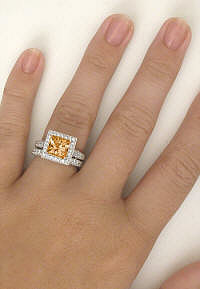 8mm Princess Cut Citrine Engagement Rings with Wedding Band
