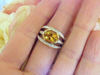 Bold Bezel Set Oval Citrine and 3 row Diamond Ring with Greek Key design in solid 14k yellow gold