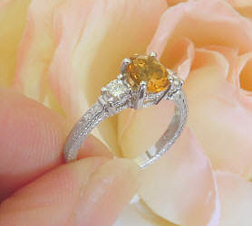 Three Stone Citrine and Diamond Engagement Ring in 14k white gold with Engraving for sale 