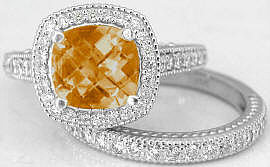 Cushion Cut Citrine and Diamond Engagement Ring and Wedding Band