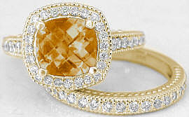 Citrine Diamond Engagement Rings with Matching Band in 14k Yellow Gold
