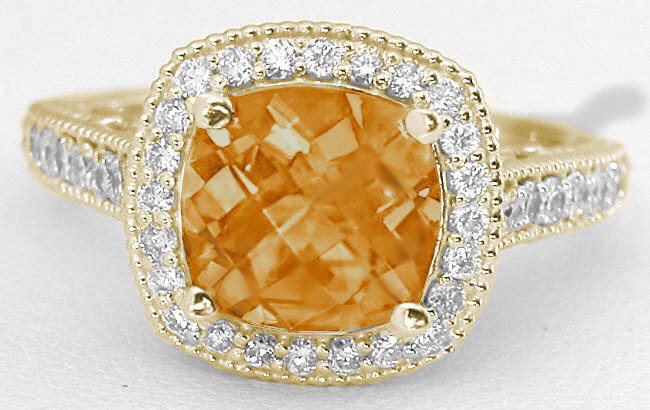 Solid Yellow Gold Natural Diamond & Ravishing Cushion Citrine Wedding Ring 