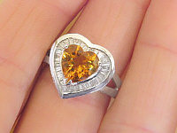 Heart Shaped 8mm Citrine Ring with Baguette Diamonds in 14k white gold for sale