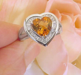 Heart Cut 8mm Citrine Ring with Baguette Diamond Halo in 14k white gold for sale