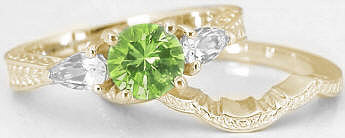 Three Stone Peridot and White Sapphire Engagement Ring in 14k yellow gold