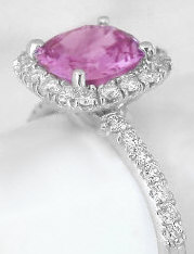 Fine Cushion Cut Pink Sapphire and Diamond Halo Rings in 14k white gold