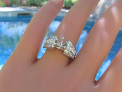 Gorgeous 1 carat Baguette and Round Diamond Semi Mount Ring in 18k white gold.