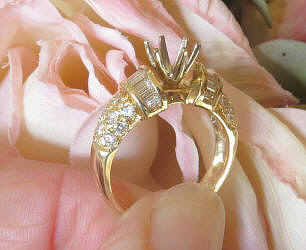 1 carat Baguette and Pave Round Diamond Semi Mounting in 14k yellow gold for sale