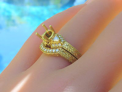 Vintage design genuine diamond semi mount and matching diamond wedding band set in 14k gold, featuring intricate etched details and symbolic infinity designs.