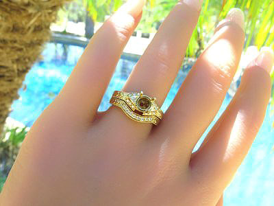 Vintage design genuine diamond semi mount and matching diamond wedding band set in 14k gold, featuring intricate etched details and symbolic infinity designs.