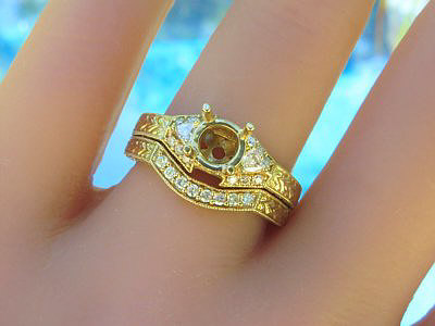 Beautiful Vintage Design Diamond Semi Mount and Matching Wedding Band Set in 14k gold with intricate etched details and symbolic infinity and wheat patterns.