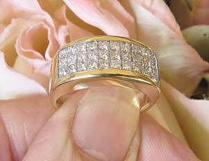 Three Row Invisibly Set Princess Cut Real Diamond Ring in solid 14k yellow gold for sale