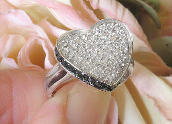 Real Pave Black and White Diamond Heart Ring in 14k white gold for sale