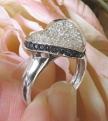 Pave Set Black and White Diamond Heart Ring in 14k white gold