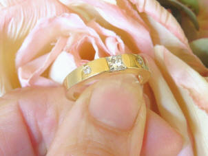 Real Princess Cut Diamond Ring with Burnished Diamonds in 14k yellow gold for sale