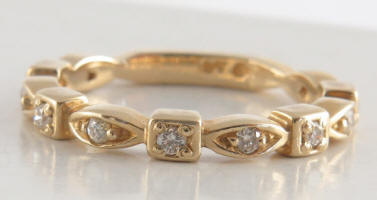 Stackable diamond 3/4 eternity band with marquise and square stations in 14k yellow gold for sale