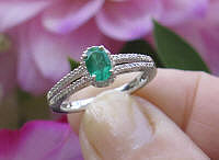 Petite Natural Oval Emerald Ring with Real Diamonds in 14k white gold for sale