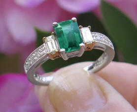 Natural Emerald Cut Emerald Engagement Ring with Real Baguette Side Diamond in solid 14k white gold for sale