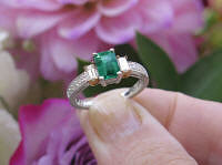 Natural Fine Emerald Ring with Real Baguette Side Diamond in solid 14k white gold for sale