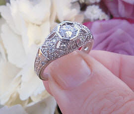 Real Diamond Engagement Ring with 0.40 carat genuine center diamond in vintage designed14k white gold band