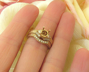Unique Vintage Styled Real Diamond Semi Mount and Matching Diamond Wedding Band Set in 14k gold with Engraving