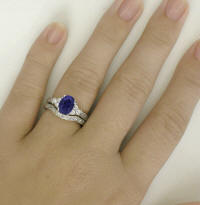 Iolite Wedding Rings with Engraving in 14k white gold