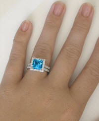 Princess Cut Blue Topaz Wedding Rings in 14k gold