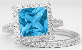 Swiss Blue Topaz and Diamond Engagement Ring with Wedding Band