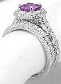 Cushion cut halo natural ceylon - unheated/untreated purple sapphire band ring in gold