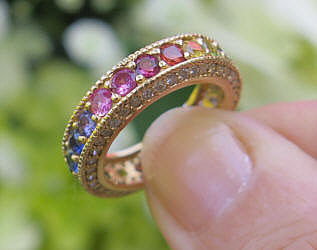 LGTB Rainbow Sapphire Eternity Band Ring with Diamonds in 14k yellow gold for sale