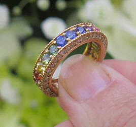 LGTB Rainbow Sapphire Eternity Band Wedding Ring with Diamonds in 14k yellow gold for sale