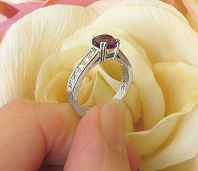 Natural Cushion Cut Rhodolite Garnet and Diamond Engagement Ring in 14k White Gold