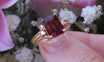 Large Emerald Cut Rhodolite Garnet Engagement Ring with Rope Design in solid 14k real yellow gold for sale