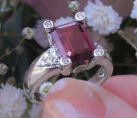 7 x 9mm Emerald Cut Rhodoite Garnet Ring with Real Diamonds in solid 14k white gold for sale